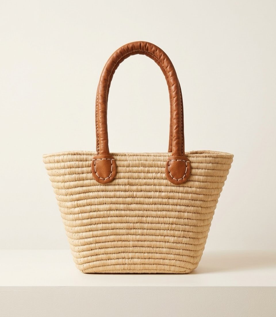 img_2448 Cabas Artisanal en Raphia Naturel & Poignées en Cuir – Sac à Main Fait Main – Image 1