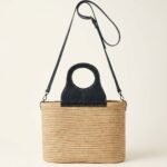 Sac Cabas Artisanal en Raphia Naturel & Cuir Noir avec Poignées Découpées – Sac Porté Main & Bandoulière