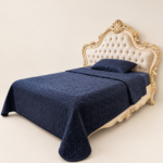 Luxury Navy Blue Quilted Bedspread Set – Elegant Gold & Cream King Bed Cover